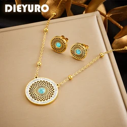 DIEYURO 316L Stainless Steel Turquoise Hollowed Out Leaves Golden Necklace Earrings Girl 2024 New Fashion Jewelry Set Party Gift