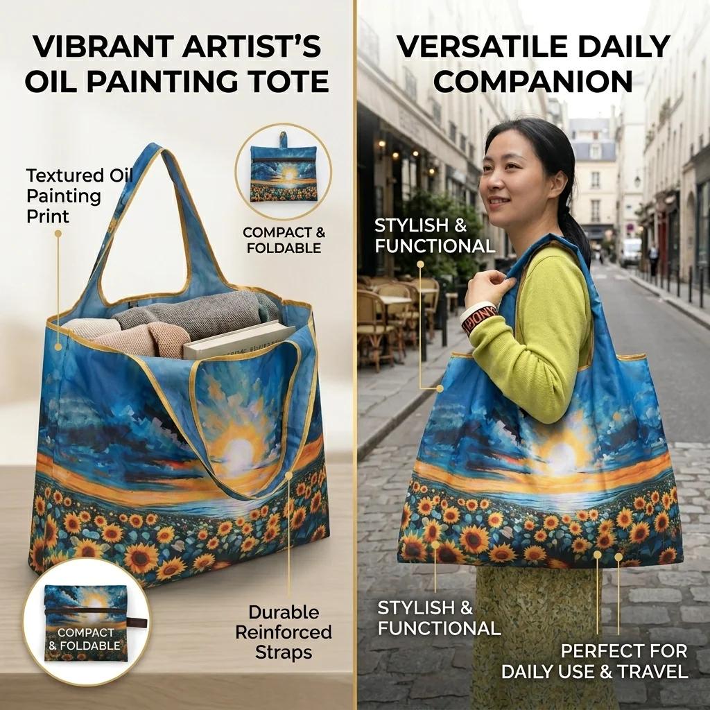 Daisy Sunflower Art Printing Tote Bag Women Reusable Shopping Bag Foldable Washable Travel Beach Shoulder Bag Eco Grocery Bag