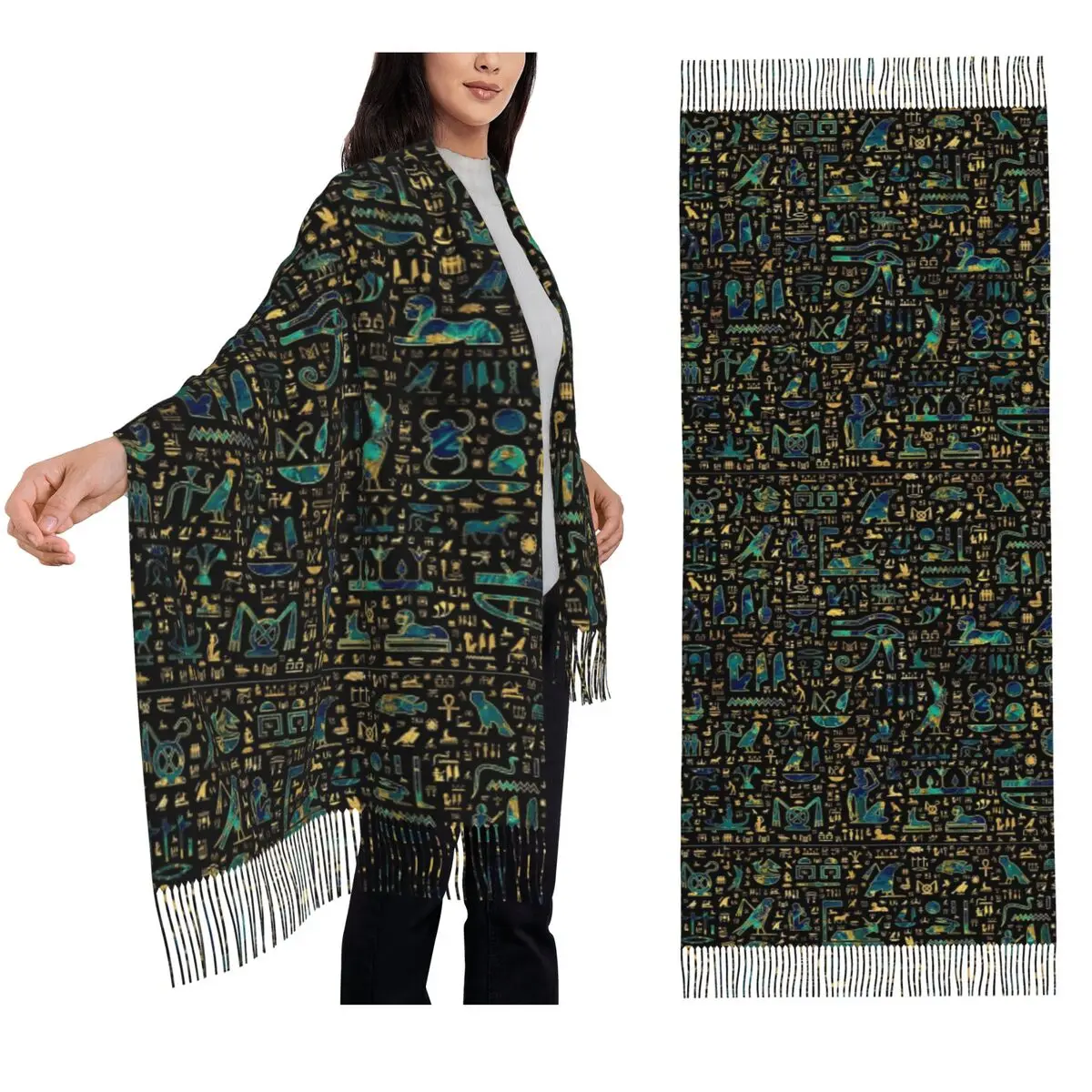 Ancient Egyptian Hieroglyphics Marble And Gold Scarf Tassel Scarves Women Soft Warm Shawls and Wraps Long Fall Winter Shawl Wrap