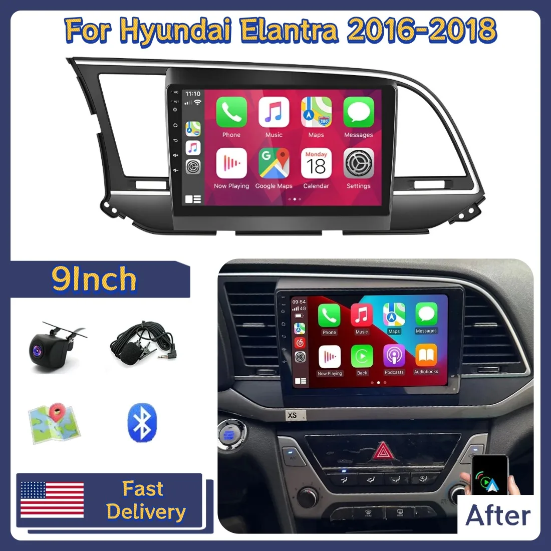 

9inch Car Stereo Radio For Hyundai Elantra 2016-2018 2+64G GPS Navigation For Carplay Android 13 Bluetooth Radio Android Auto