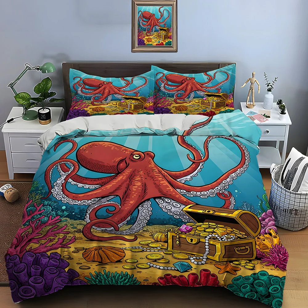 Octopus treasure chest underwater Bedding Set for Kids Luxury Gift 3pcs Digital Print Comforter Set Soft Comfortable Breathable