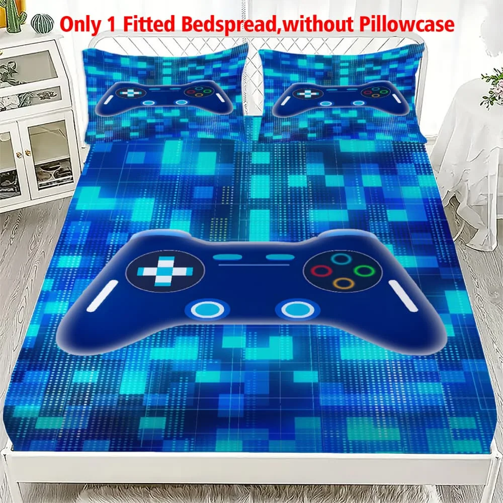 1pc Capa de Colchão Elástica Azul com Estampa de Controle de Jogo e Pixel, Bolso Profundo, para Cama de Solteiro, Casal, Queen e King, Decoração de Quarto