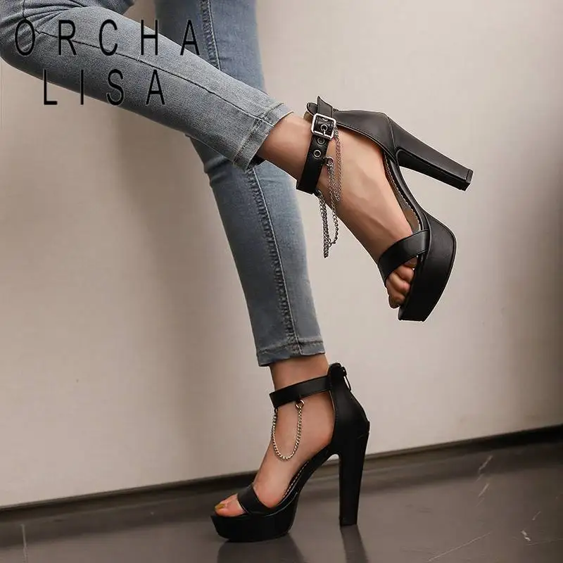 ORCHA LISA Laides Sandals Peep Toe Ultrahigh Heel 12cm Buckle Strap Metal Chain Platform 3cm Dating Shoes Plus Size 47 48 50