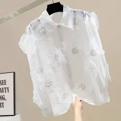 New In Beaded Sequined Flowers Stitch Mesh Shirts For Women Streetwear Fashion Long Sleeve Buttons Up Blouse Tops Blusas