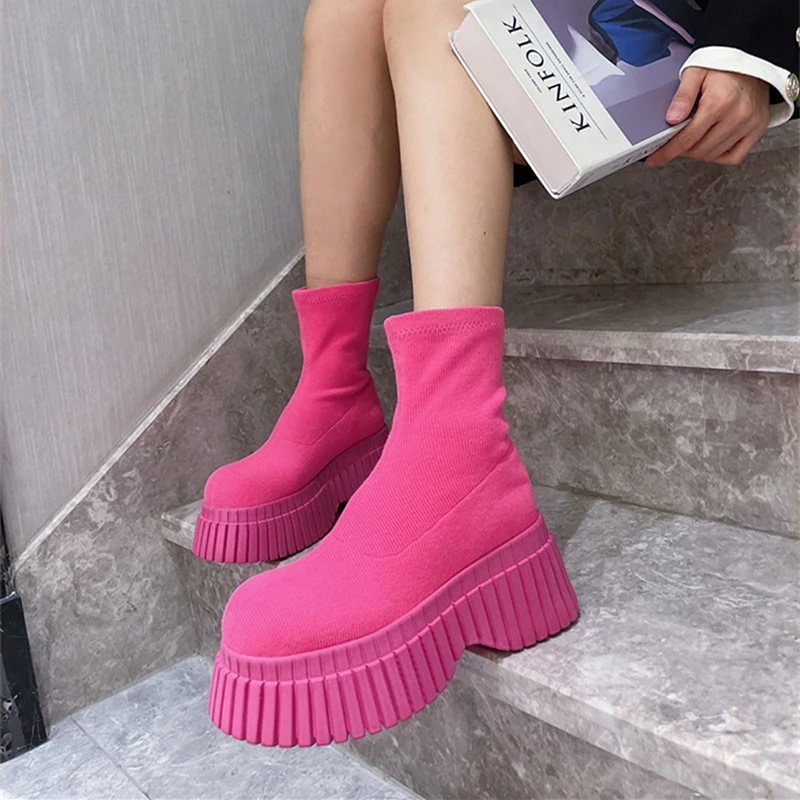 Pink Ladies Elastic Boots New Shoes Slip on Fashion Women Sock with Wedges Shoes Footwear Platform Botines Mujer Ankle Boots