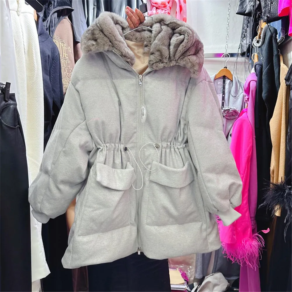 

Winter New Mink hooded cashmere patchwork goose down jacket for women warm fur coat Female Fashion Down Parka Outwear Y4605