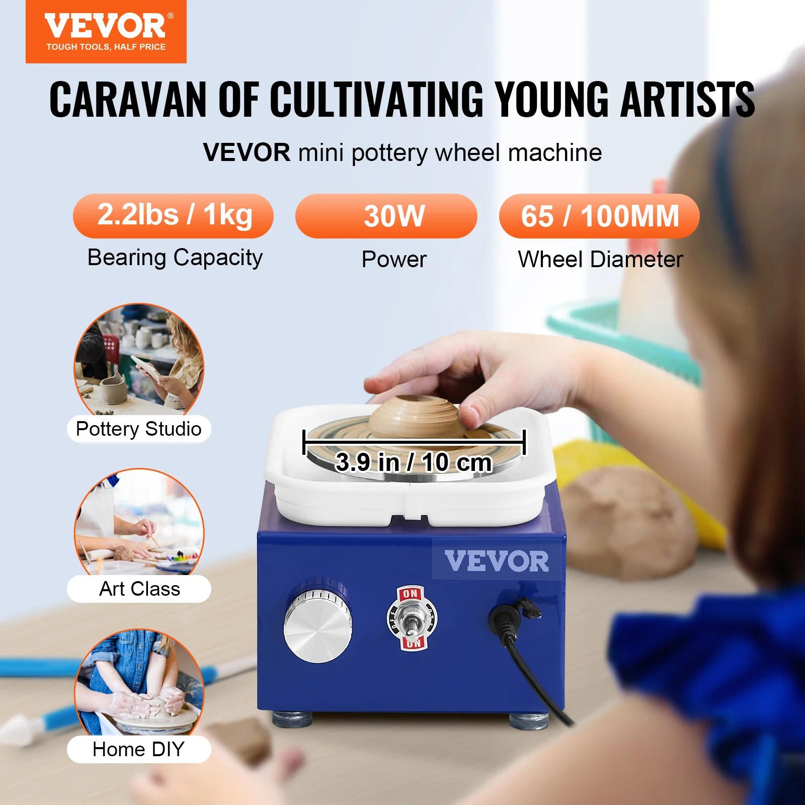 VEVOR Mini Pottery Wheel for Kids or Beginners 2.6in/3.9in Ceramic Wheel Forming Machine Adjustable 0-300rpm Work Art Craft DIY