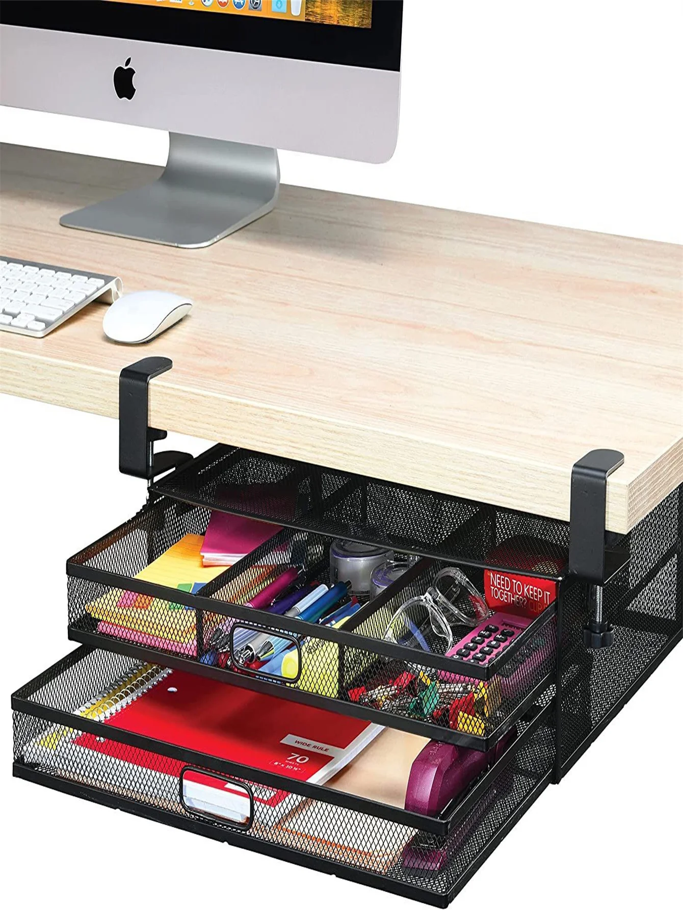 Desktop Drawer Organizer Clip-On Type, Mesh Metal Desktop Drawer Attachment, 2 Drawers Slide Out, Organizer for Desktop or under Desk