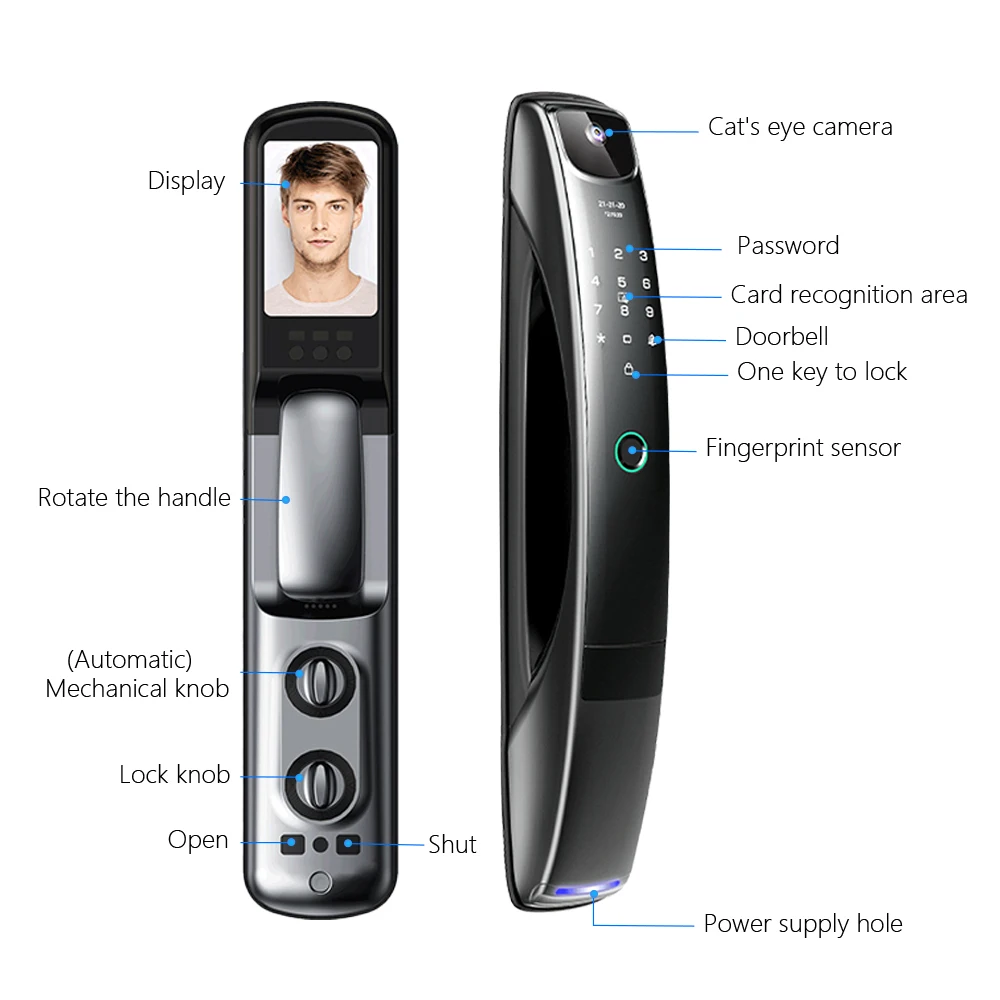 Waterproof Security Smart Door Lock Wifi Camera Tuya APP Facial Recognition Digital Viewer Fingerprint Lock