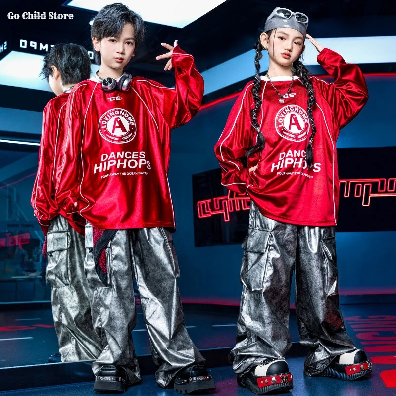 

Блестящий свитшот K-pop для девочек, крутые штаны-карго для уличных танцев, комплекты одежды в стиле хип-хоп для мальчиков, детский джазовый костюм в стиле хип-хоп, детский уличный костюм