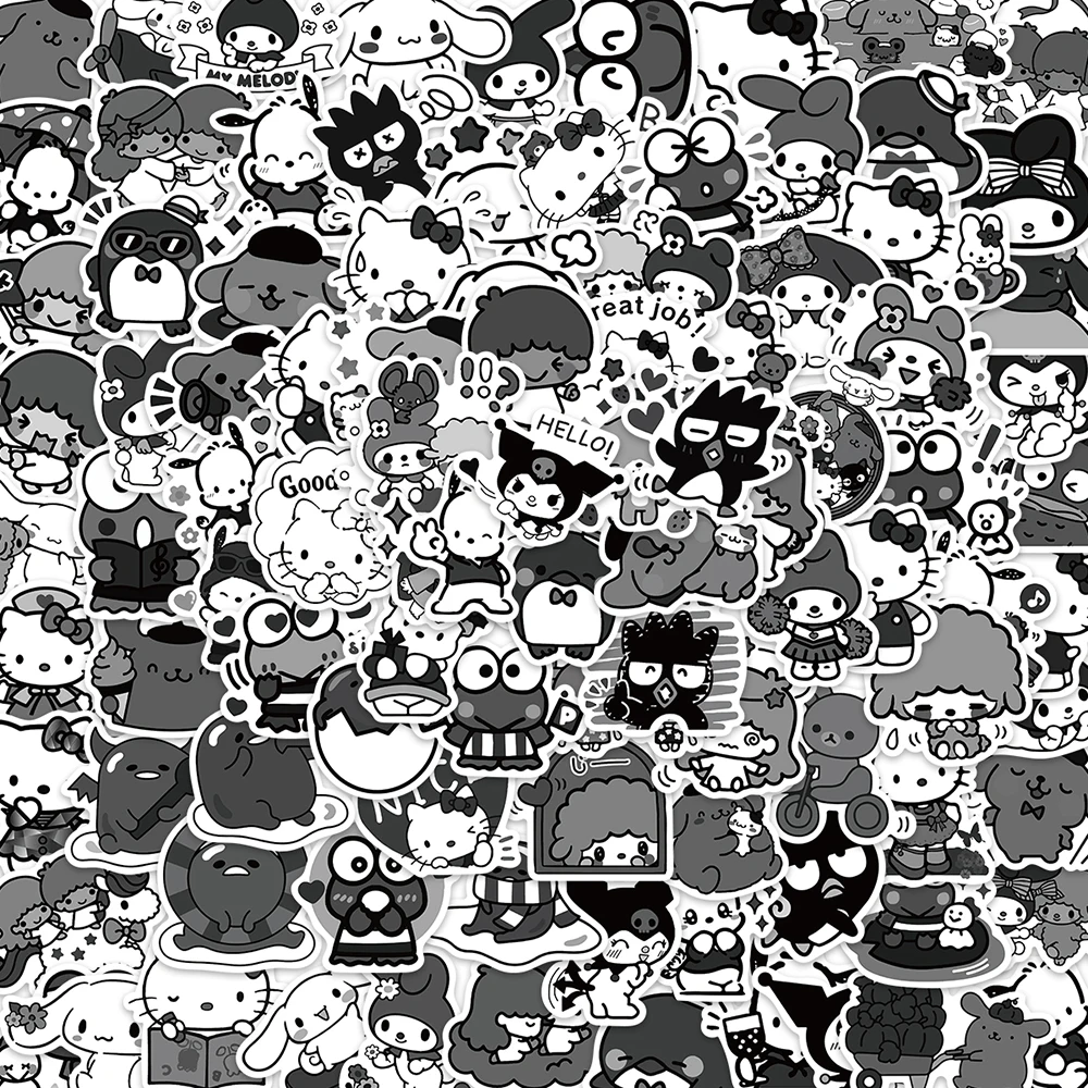 

10/30/50/100pcs Black and White Sanrio Cartoon Stickers Hello Kitty Kuromi My Melody Decals Kawaii Anime Sticker for Kids Toys