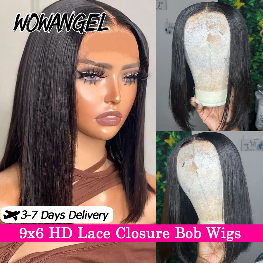 WOWANGEL Pre Cut 9x6 HD Lace Closure Wig Straight Bob Wig Wear To Go Glueless Wigs Human Hair Skins Melted Remy Brazilian Hair