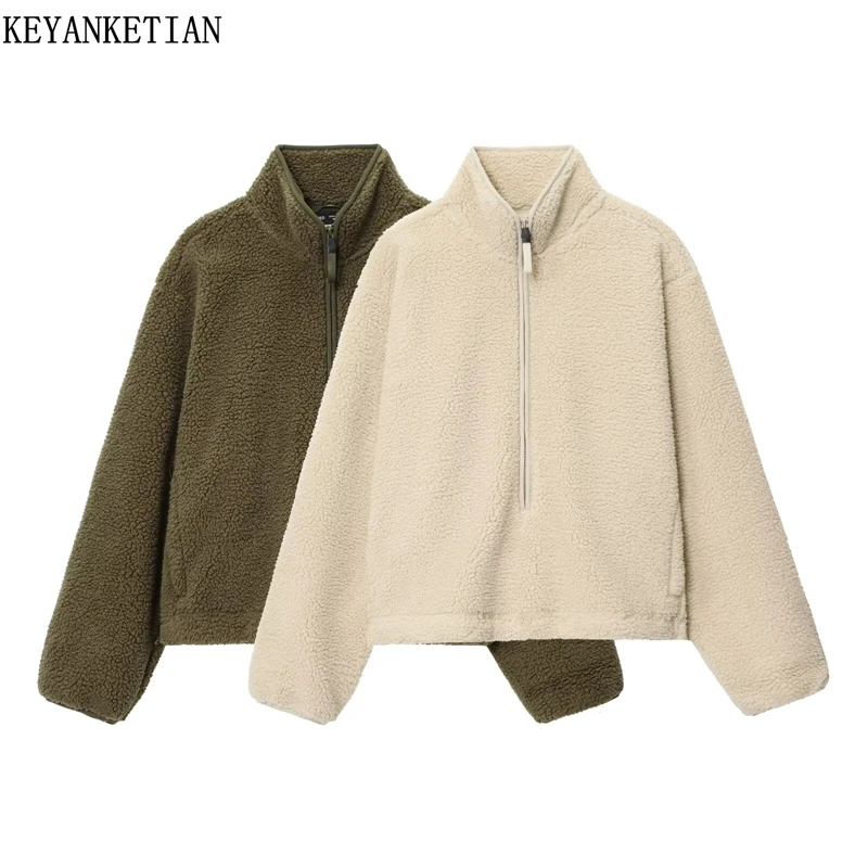 

KEYANKETIAN 2025 Winter New Women's Fleece Pullover Jacket Simple style Mock Neck Loose Zipper Decoration Blazer Outerwear Top