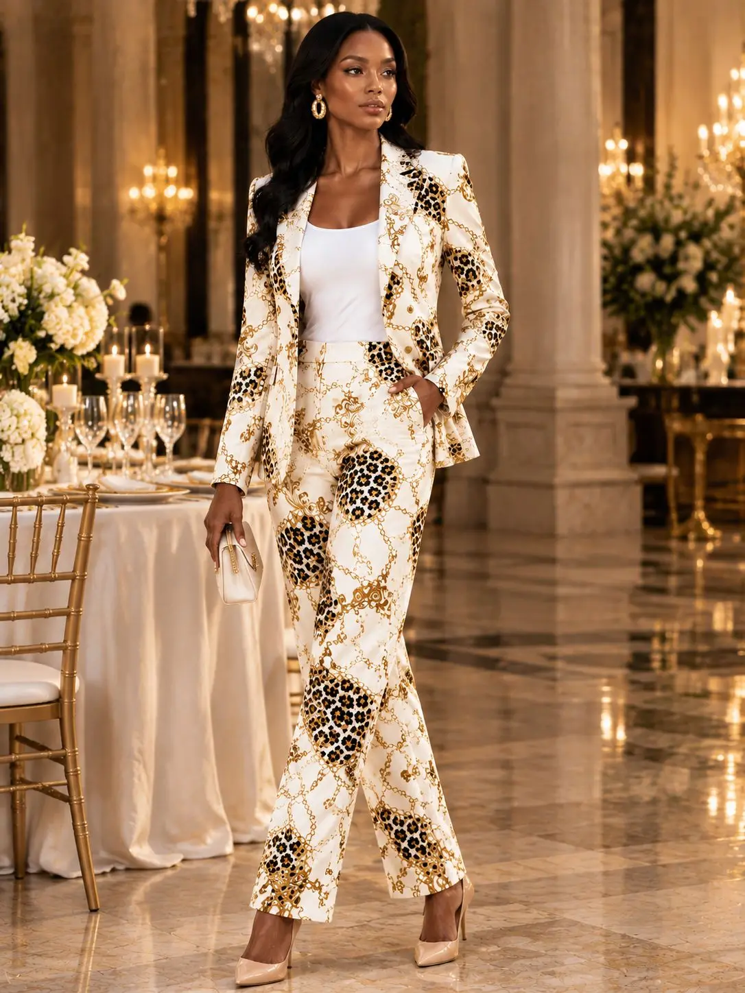 Women Chain Leopard Print 2 Piece Pants Suit Set, Lapel Long Sleeve Blazer Jacket, High Waist Straight Leg Matching Trousers, Elegant Luxury Formal Outfit for Party Wedding Dinner