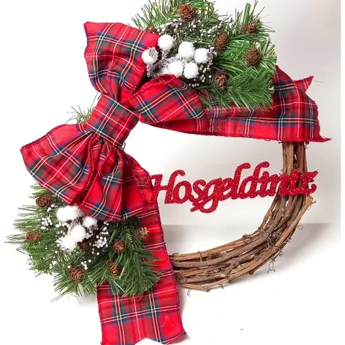 Spacious Design Christmas Door Ornament Plaids Bow Welcome Written