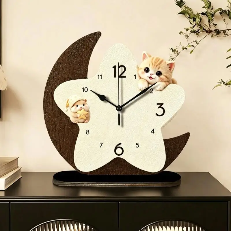 Freistehende Schreibtischuhr aus Holz mit leisem Uhrwerk, Mond und Stern, dekorative Tisch-Analoguhr für Nachttisch – Detail 4