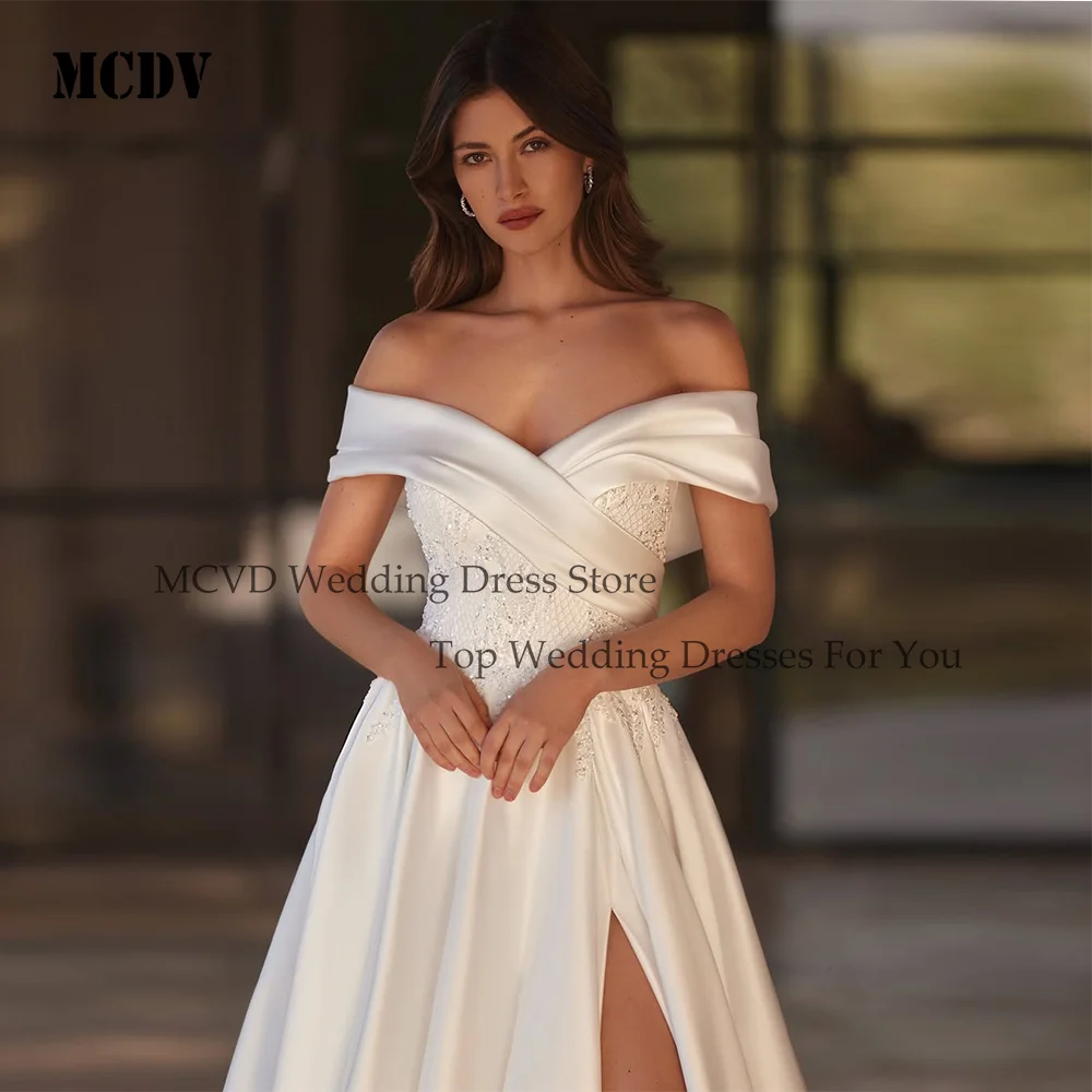 

MCDV Applique Sequin Satin Vintage Wedding Dresses 2026 Side Split A-Line Off Shoulder vestido de novia princesa Customized