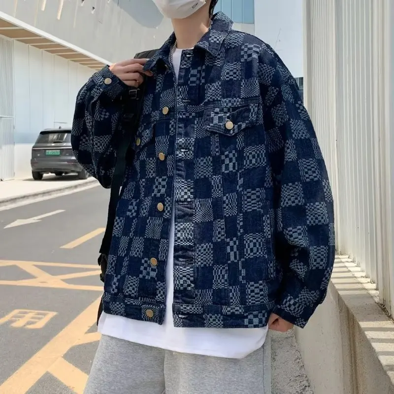 

Autumn Winter Retro Checkerboard Denim Jacket Men Korean Fashion Harajuku Casual Baggy Men's Shirt Jackets Coat Y2k Streetwear