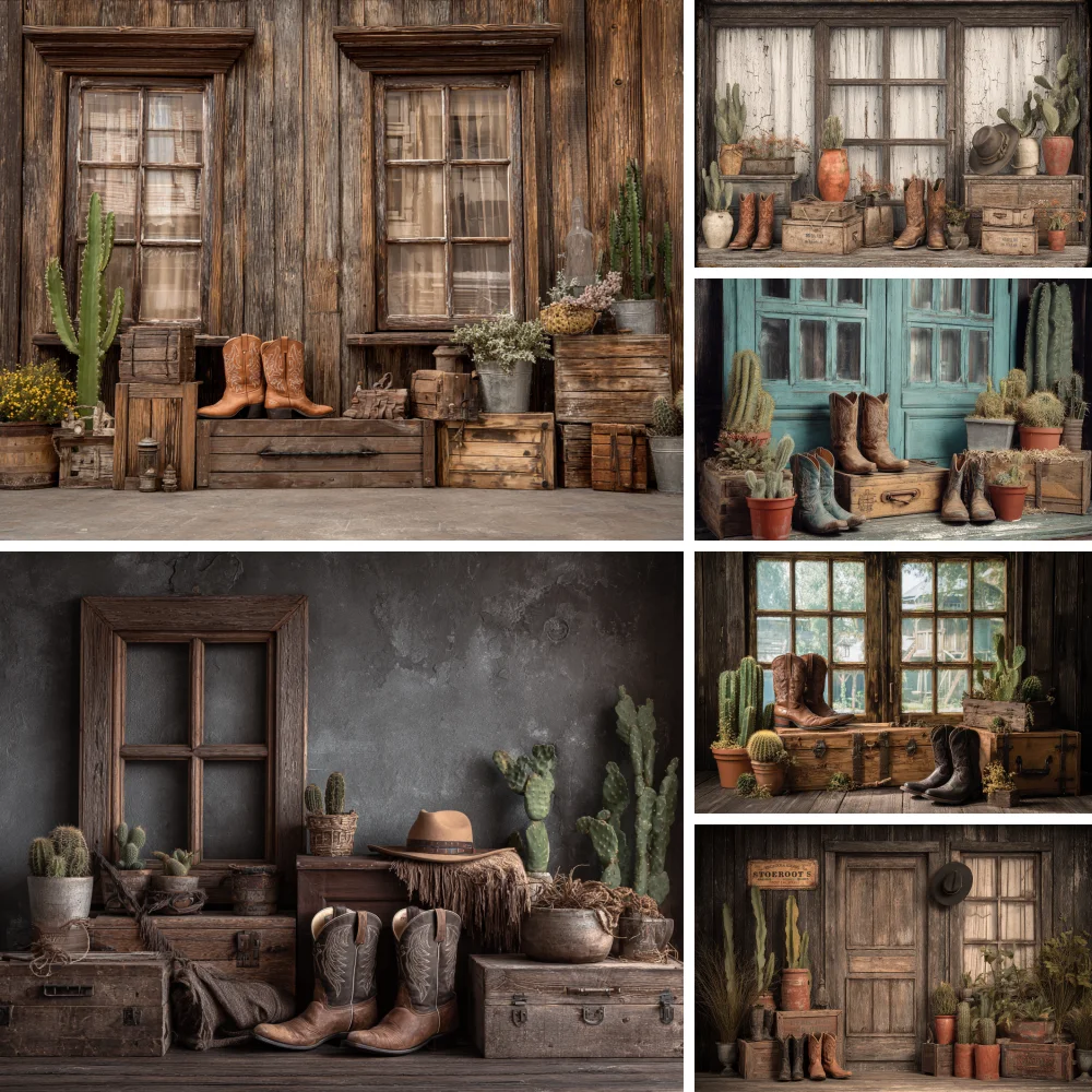 Western Rodeo Photography Backdrop Wild West Rustic Wooden Barn House Photo Decorations Cowboy Horse Photo Booth Props Banner