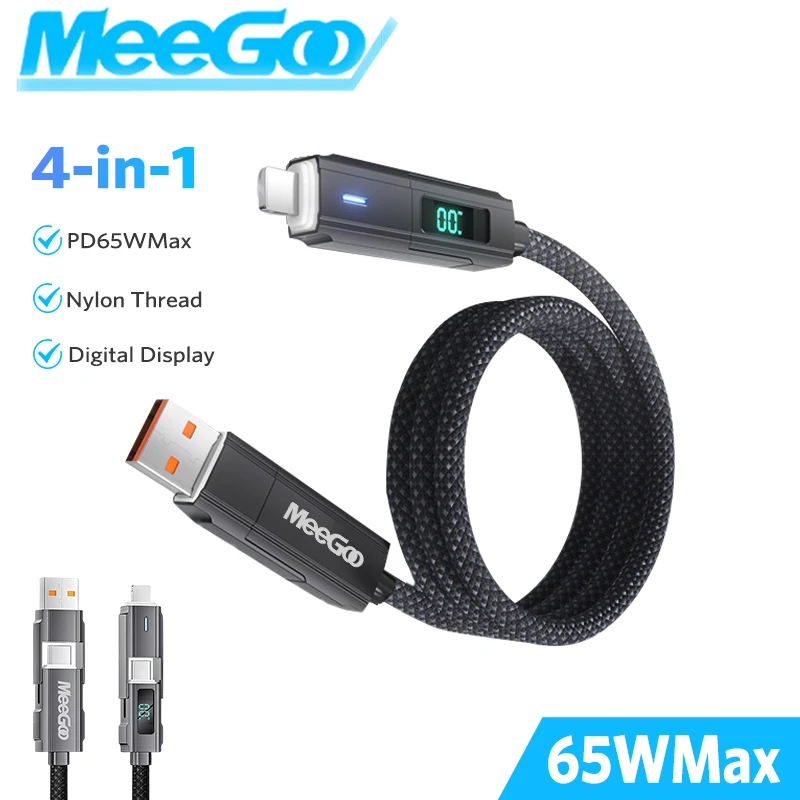 

MeeGoo 4 in 1 USB C Cable With LED Display PD 65W Fast Charging & Data USB A Type-C Charger Wire For Tablet phone Charging Cable
