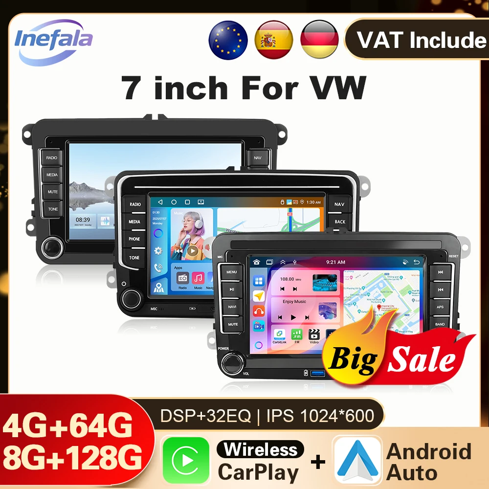 Inefala 7 "2 Din HD autoradio WIFI GPS BT autoradio CarPlay Android Autoradio stéréo pour Volkswagen/siège/Skoda/Passat/Golf/Polo