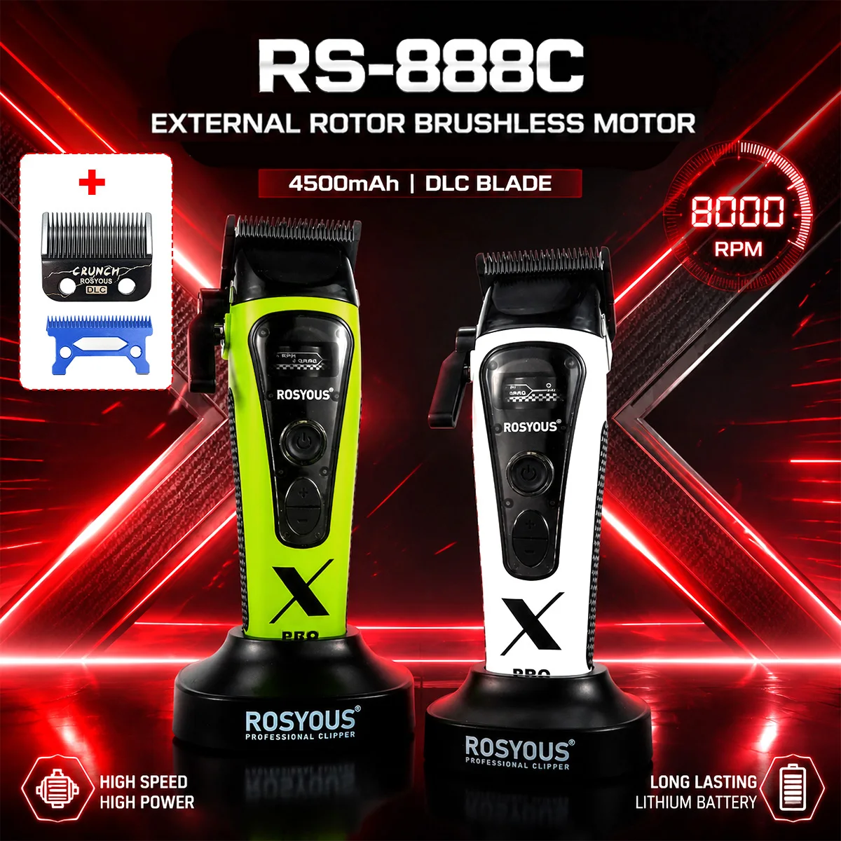 Tondeuse à cheveux électrique professionnelle ROSYOUS, moteur sans balais à rotor externe 8000 tr/min, lame DLC pour dégradé, avec base, tondeuse de barbier RS888C