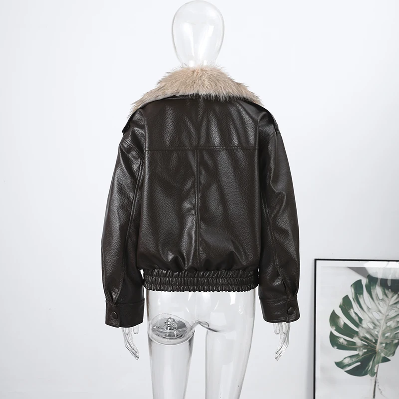Elegant PU Fur Patchwork Jacket Women Loose Detachable Collar Lapel Double Breasted Jackets Female Fashion Winter Warm Outwear