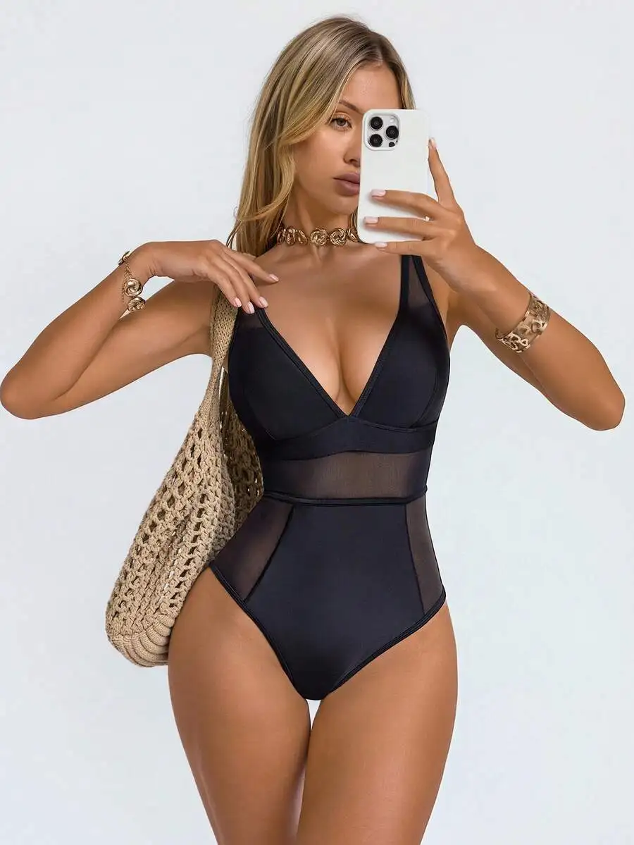 

Black Mesh Contrast One-Piece Swimsuit With Tummy Control V-Neck Elegant Beach Bathing Suit