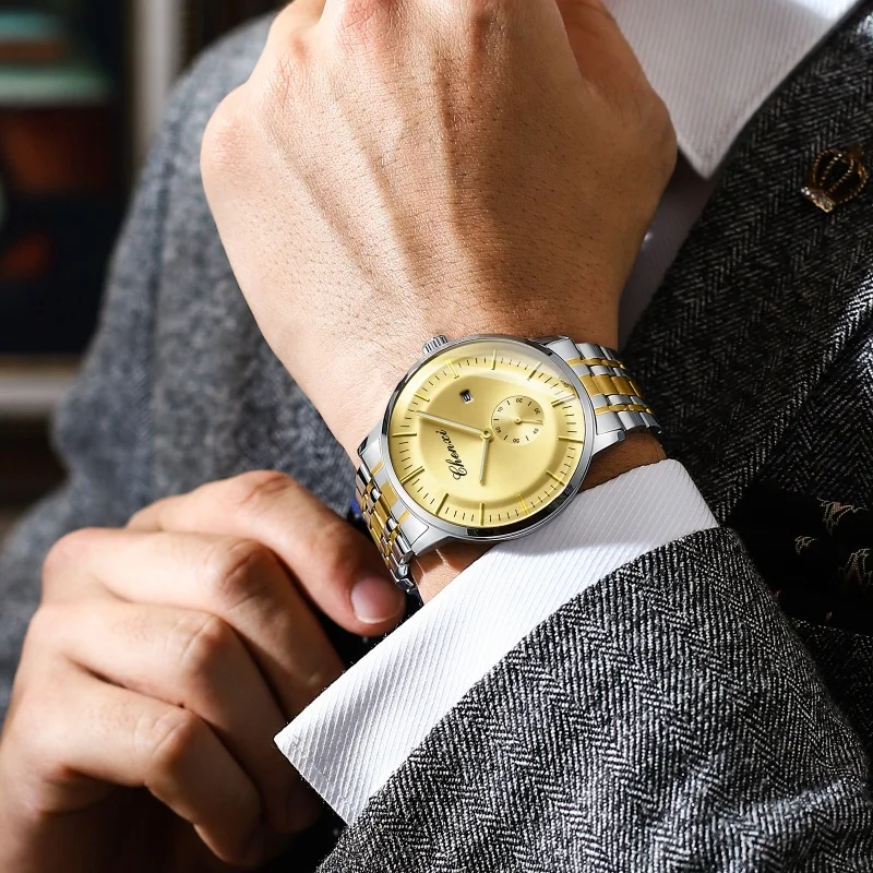 CHENXI 남성용 비즈니스 쿼츠 시계, 방수 스테인레스 스틸 스트랩, 달력 야광 캐주얼 시계, 060 패션