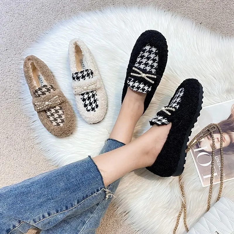 Chic Design Women Shoes Autumn Winter New Outerwear Lamb Wool Plush Velvet Bean Platform Shoes Slip-on Size 41 To 43 Loafers
