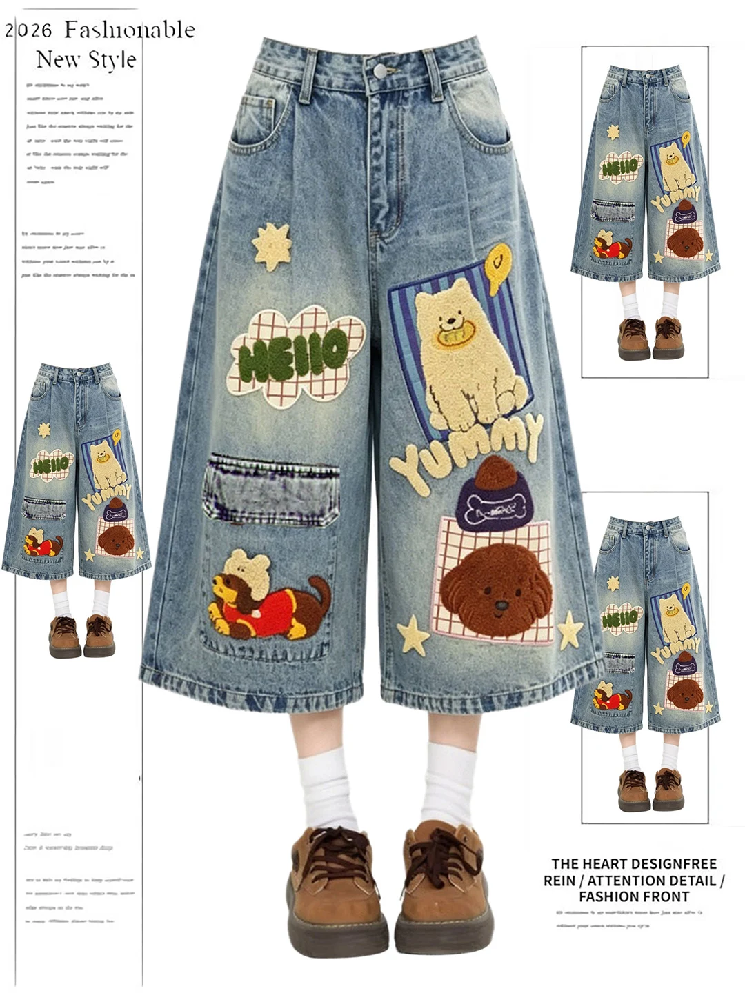 

Retro American Cartoon Embroidery Distressed Denim Jeans Women Summer New Design Loose Casual Shorts High Waist Wide Leg