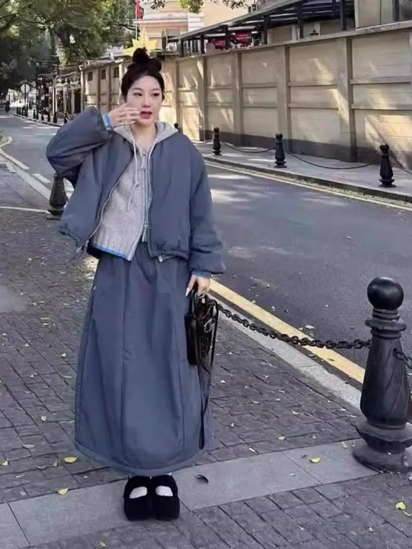 Faionable  Color Cotton Blend Warmth Set Women's Autumn Winter 2025 New Small Collar Cotton Top f Skirt Two Piece Set