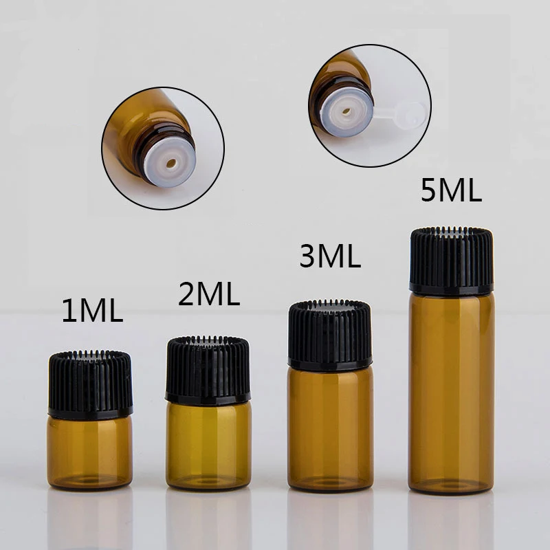 100pcs/lot 1ml 2ml 3ml 5ml Mini Amber Glass Essential Oil Bottle With Black Cap Brown Glass Bottle Sample Test Refillable Bottle