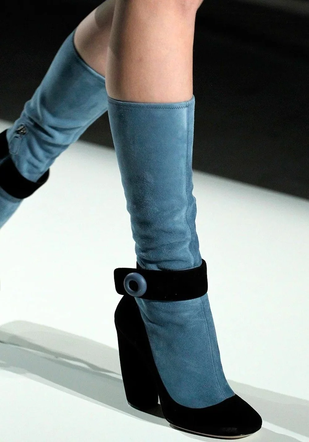 

Light Blue Black Two-Tone Suede Block Heel Knee-High Boots Ankle Buckle Blue Button Detail Boots Simple Casual Looks for Women