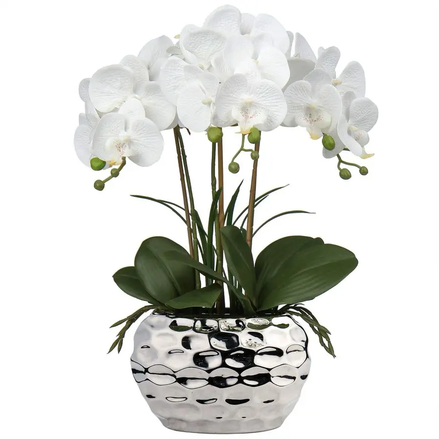 

Orchids Artificial Flowers 18 White Phalaenopsis Large Orchid with Silver Ceramic Pots Silk Faux Orchid Arrangement for Home Off