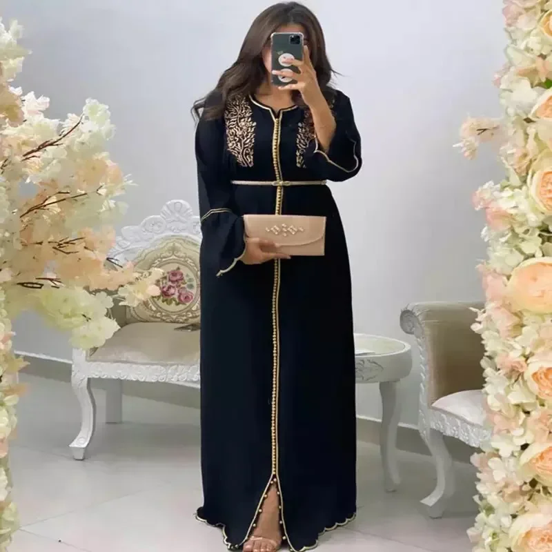 Vestido feminino com gola v babados manga pérola, Abaya muçulmana elegante, roupeiro kaftan marroquino, kaftan islâmico, vestidos de Dubai, vestido