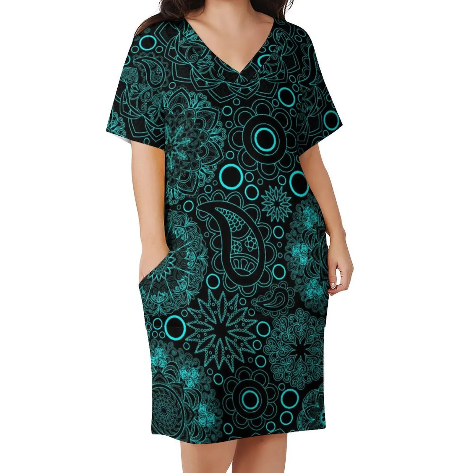 

Boho Paisley Dress V Neck Blue Mandala Trendy Dresses Female Street Fashion Graphic Casual Dress With Pockets Big Size