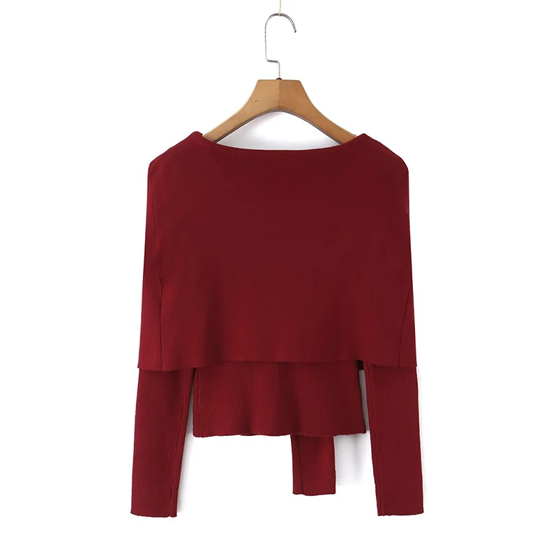 YENKYE Ladies Burgundy Off Shoulder Knitted Sweater Knotted Shawl Design Vertical Buttons Casual Chic Pullover Tops