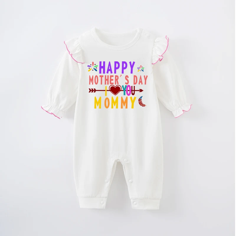 Mother's Day Newborn Baby Girl White Jumpsuit Costume Romper Onesie Boy Long Sleeve 100% Cotton Print Clothes Spring and Autumn