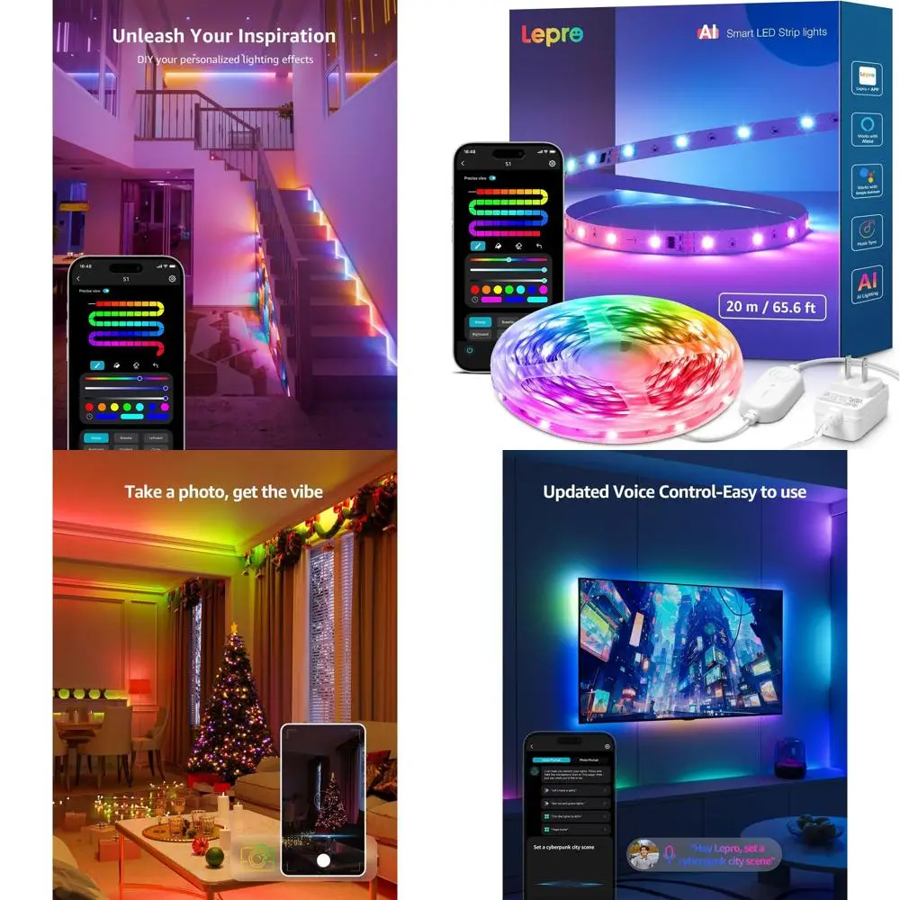

Умные светодиодные RGB-ленты для спальни - 65,6 футов (20 метров) с IC-чипом, эффектами радуги, сегментированным управлением цветом, индивидуальной AI-подсветкой, без пульта ДУ