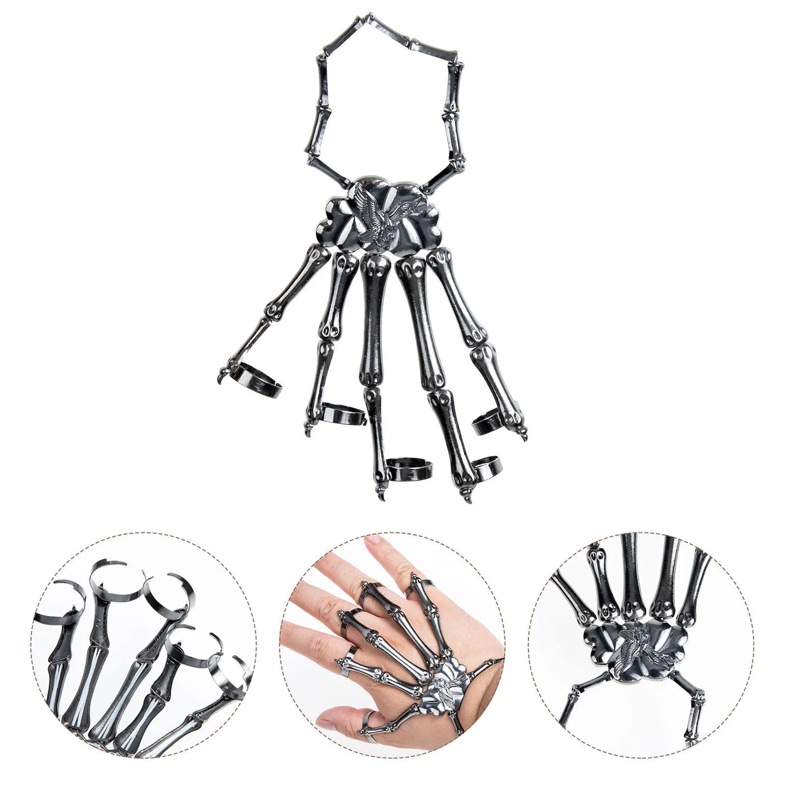 

Halloween Skull Bracelet Wrist Straps Hand Jewelry Ring Black Alloy with Finger