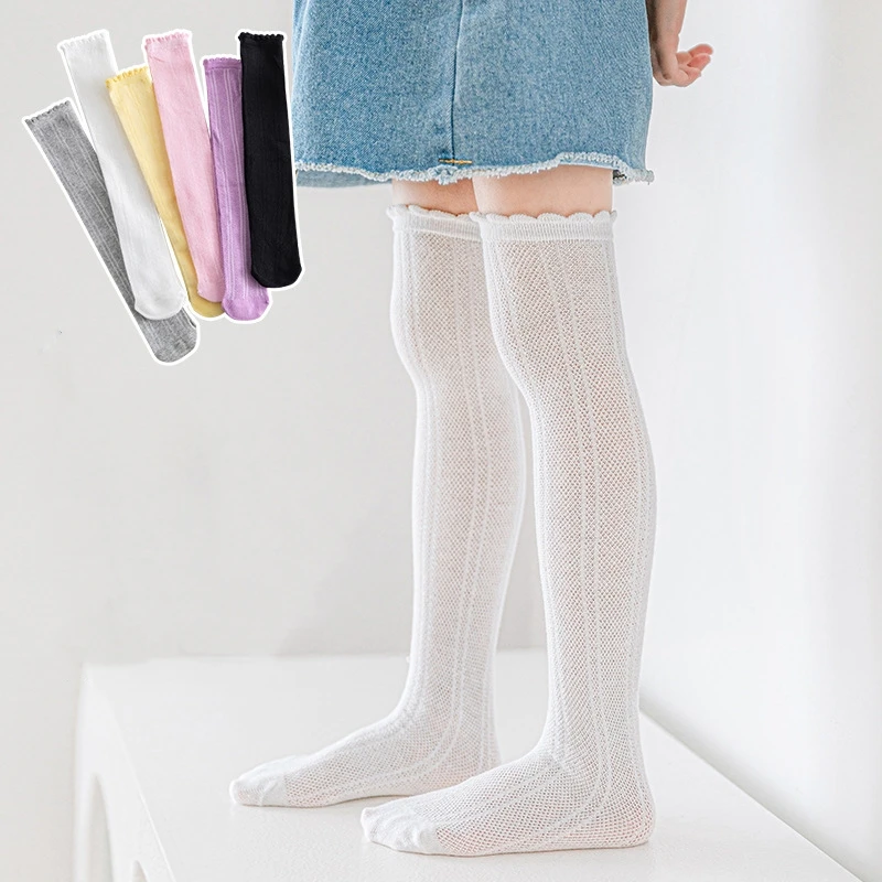 Calcetines largos hasta la rodilla para niños y niñas, calcetín de malla transpirable, uniforme escolar, Color blanco y negro, primavera y otoño