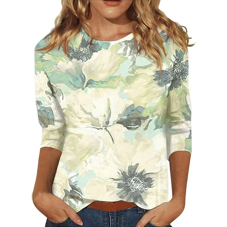 

Female design sense seven quarter sleeve plant graffiti print 2024 new fashionable top for outdoor wear casual WA21