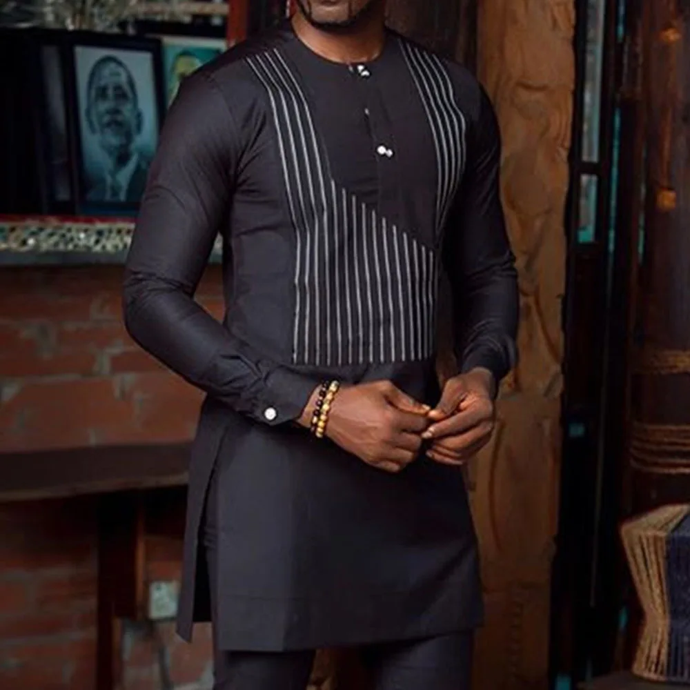 Men\'s Suit Ethnic Style Dashiki Black Crew Neck Long Sleeve Shirt Men 2 Piece Set Traditional Mens T Shirt Pants Set M-4ML