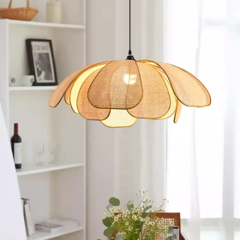 

Rattan Woven Petal Chandeliers French Retro Dining Table Light Modern Wabi Sabi Style Bedroom Living Room Dining Room Chandelier