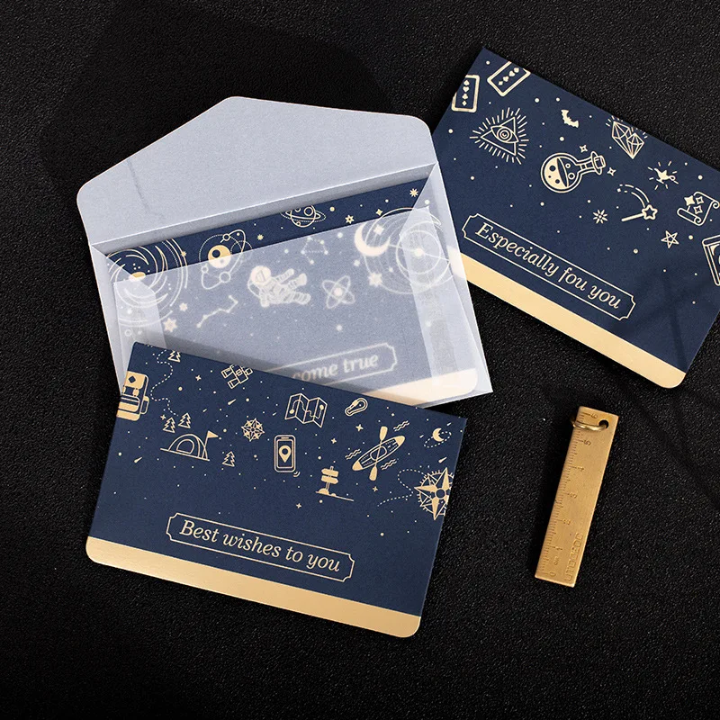 Dark Blue Starry Sky Bronzing Greeting Card With Envelope Set Creative New Year Gift Holiday Greeting Card Message Blessing Card