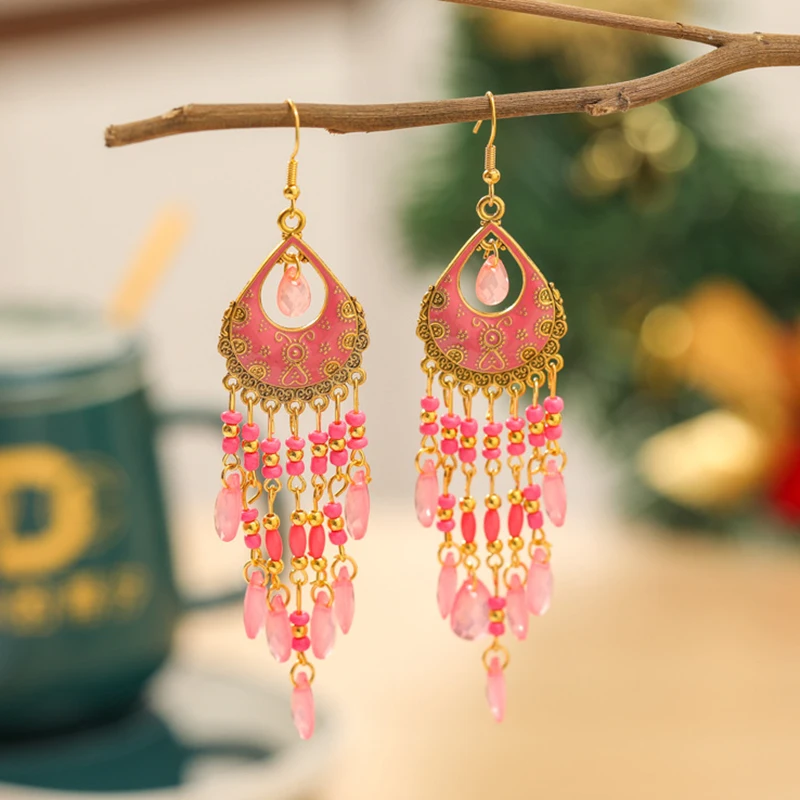 Bohemian Ethnische Lange Antik Gold Farbe Emaille Wasser Tropfen Ohrringe für Frauen Bunte Reis Perle Quaste Ohrring Pendientes Mujer – Detail 11