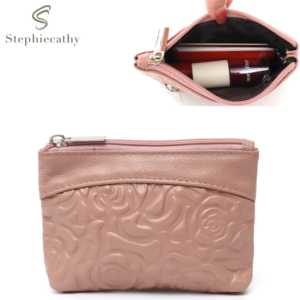 SC Brand Summer Style Women Genuine Leather Wallet Fashion Flower Print Zip Coin Purse Key Chain Pocket Portable Versatile Bag