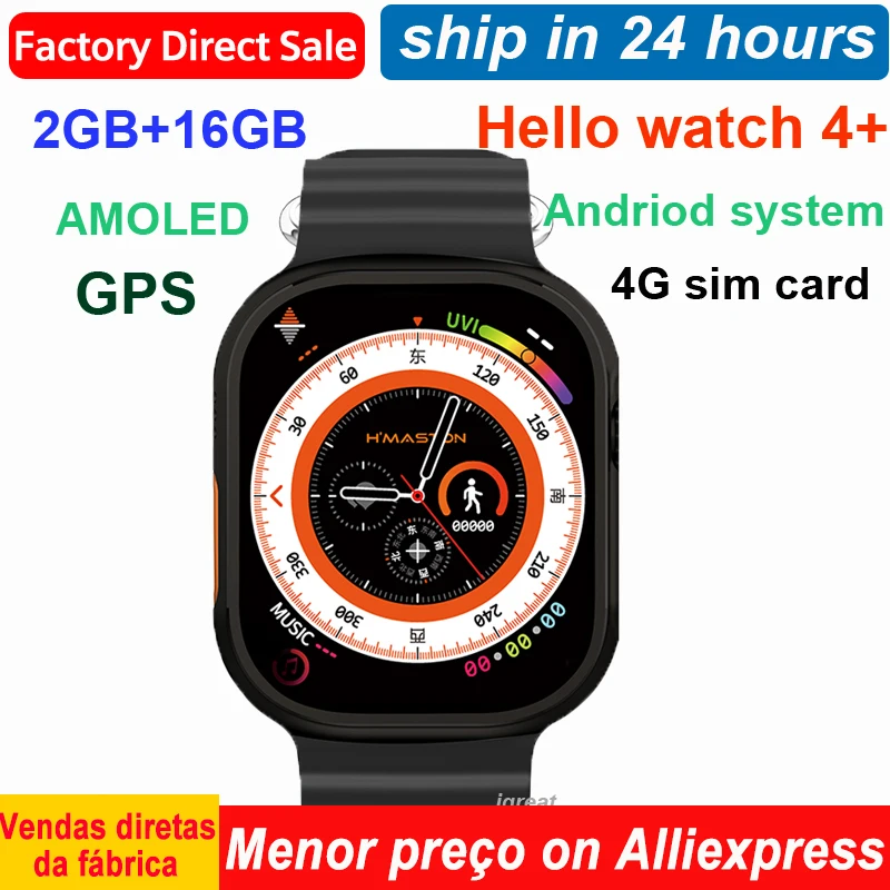 Original Hello Watch 4 Plus AMOLED Smartwatch 4G SIM Card 2+16G ROM GPS Wifi NFC Compass 4G Call APP Dowmload Smart Watch Men