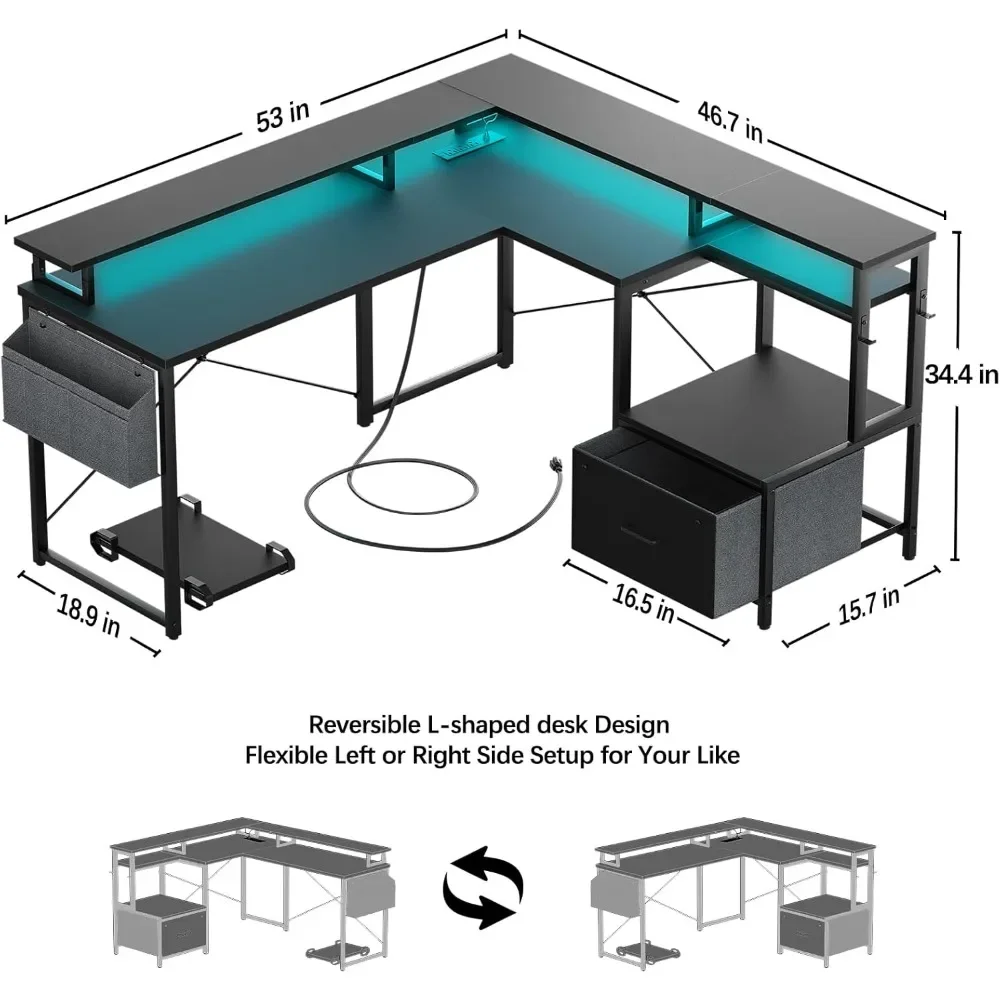 L Shaped Desk with Power Outlet and LED Strip, Reversible L Shaped Computer Desk with File Drawer,Corner Desk for Gaming Writing